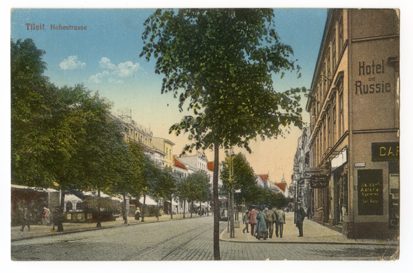 Tilsit, Hohe Str. im Bereich des Hotels "de Russie" (Kreuzung Langgasse), Blick nach Osten