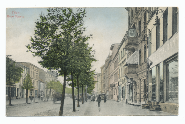 Tilsit, Hohe Str. im Bereich des Hotels "de Russie" (Kreuzung Langgasse), Blick nach Osten