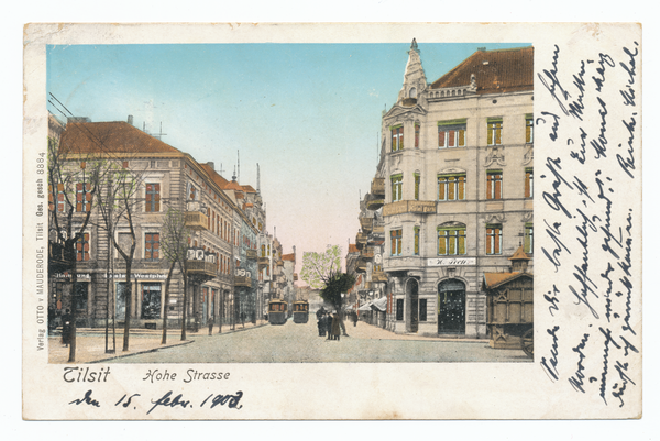 Tilsit, Hohe Str. Ecke Saarstr. (fr. Kirchenstr.), Schenkendorfplatz, Blick nach Westen