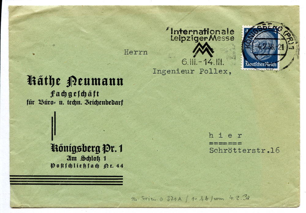 Königsberg (Pr.), Firmenkuvert des Fachgeschäftes Käthe Neumann