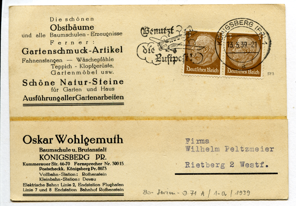 Königsberg (Pr.), Postkarte der Baumschule und Brutanstalt Oskar Wohlgemuth