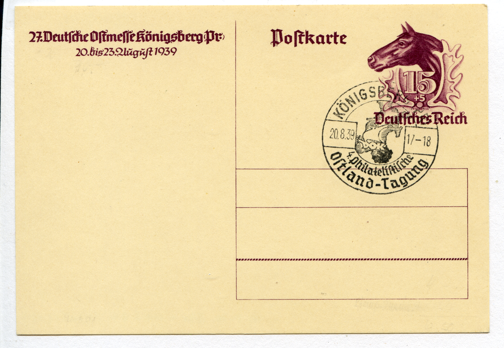 Königsberg (Pr.), Postkarte zur Ostmesse mit Sonderstempel und Wert von 15+5 Pfennig