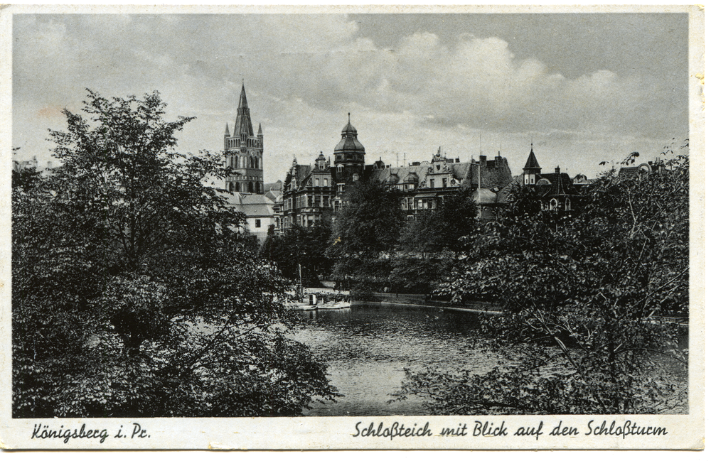 Königsberg (Pr.), Blick über den Schlossteich zum Schlossturm