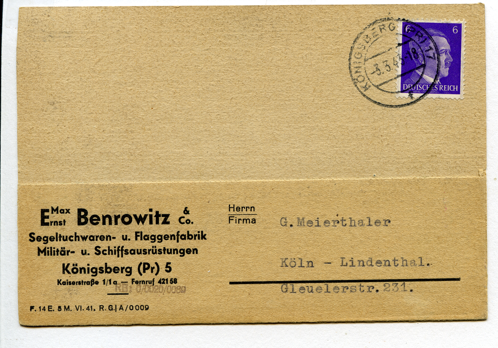 Königsberg (Pr.), Firmen-Postkarte der Firma Max Ernst Benrowitz & Co.
