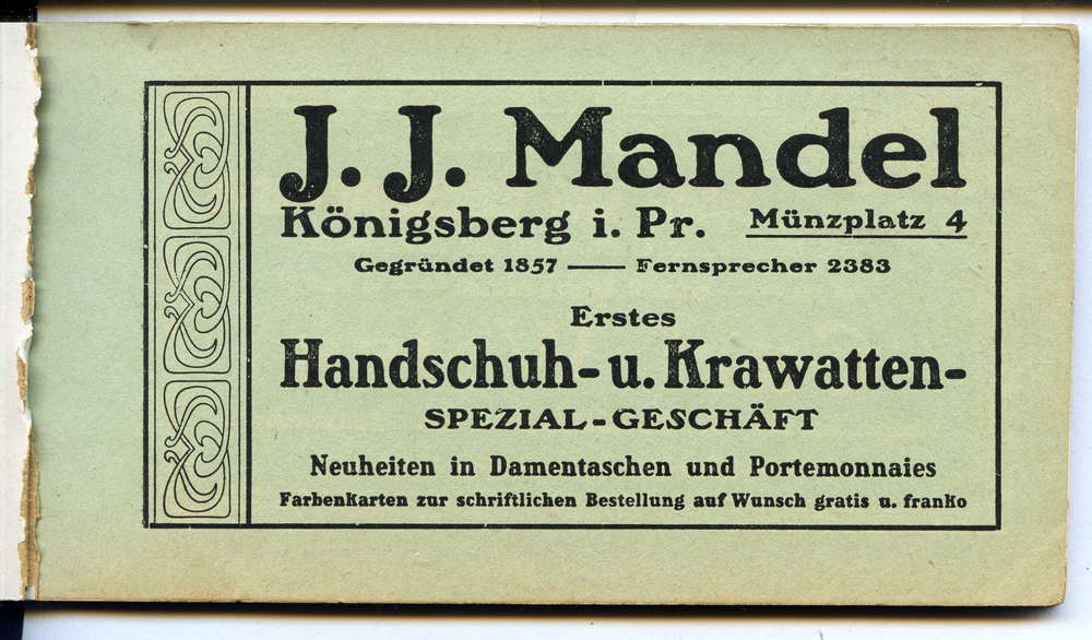 Königsberg (Pr.), J. J. Mandel, Handschuh- und Krawatten-Spezialgeschäft