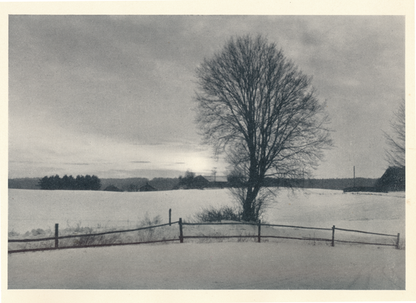 Masuren, Abendrot über einem verschneiten Walddorf