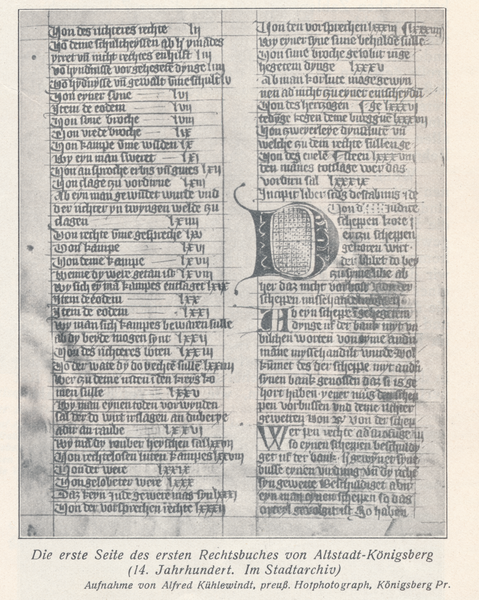 Königsberg (Pr.), Palaestra Albertina, Stadtarchiv, die erste Seite des ersten Rechtsbuches von Altstadt-Königsberg