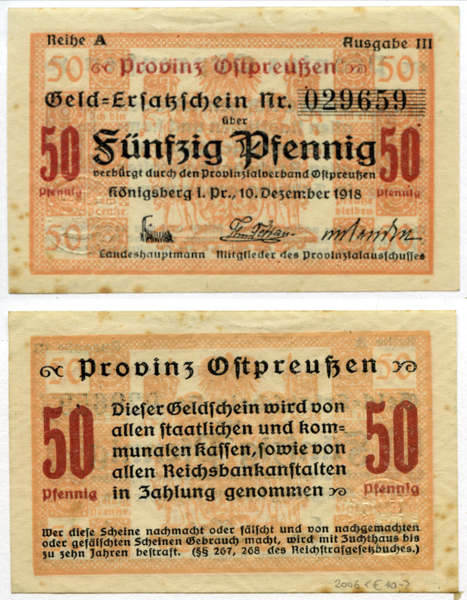 Ostpreußen, Geldersatzschein über 50 Pfennig