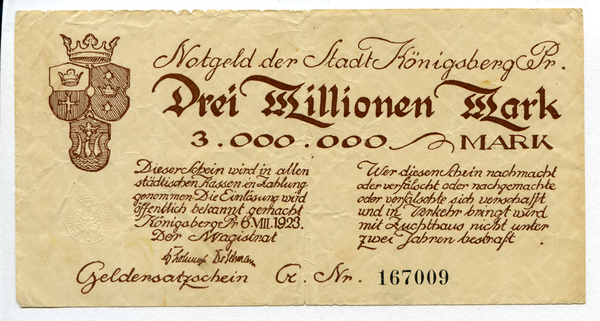 Königsberg, Notgeld über Drei Millionen Mark, einseitig bedruckt