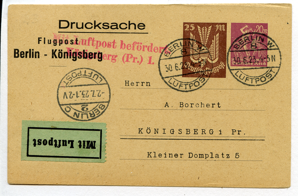 Königsberg (Pr.), Flugpost-Postkarte als Drucksache