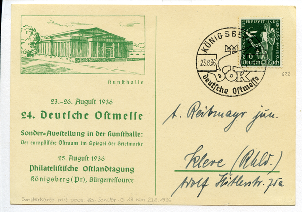 Königsberg (Pr.), Sonderpostkarte zur Ostmesse mit Motiv Kunsthalle  sowie der philatelistischen Ostlandtagung und Sonderstempel Ostmesse