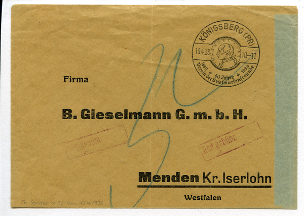 Königsberg (Pr.), Sonderstempel mit Bildnis Kants zum Jubiläum 40 Jahre Verein der Briefmarkenfreunde