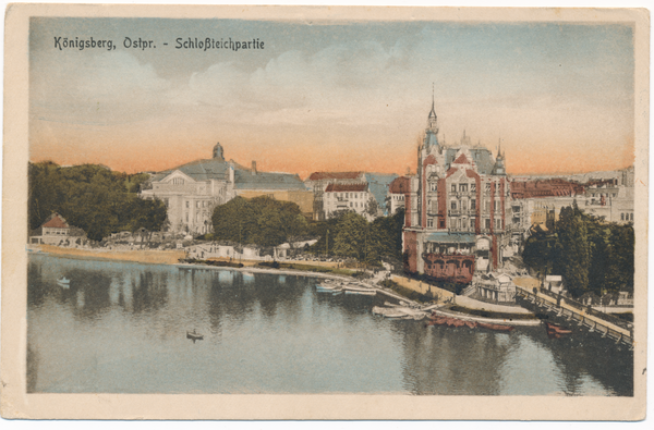 Königsberg (Pr.), Schlossteich, Schlossteichbrücke und Stadthalle, rechts das Hotel Bellevue