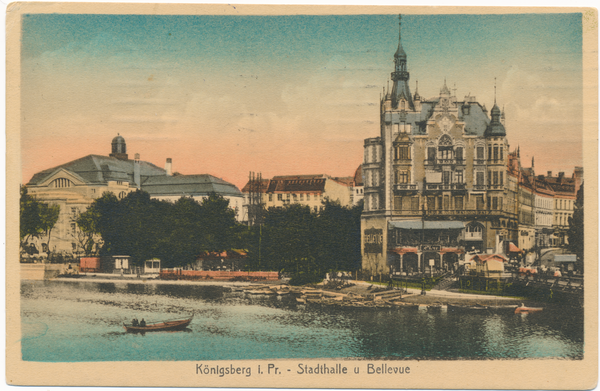 Königsberg (Pr.), Schlossteich, Blick zur Stadthalle und zum Hotel Bellevue