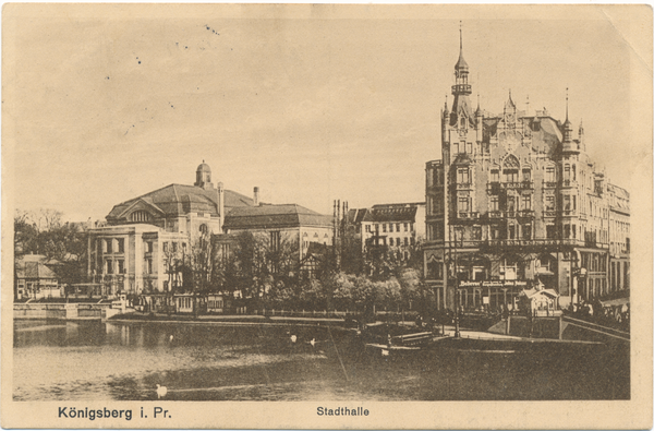 Königsberg (Pr.), Schlossteich, Blick zur Stadthalle und zum Hotel Bellevue