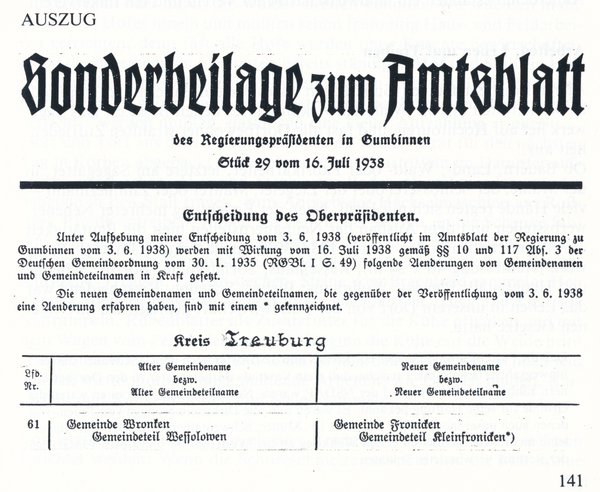 Wronken, Amtliche Bekanntmachung zur Änderung der Ortsnamen
