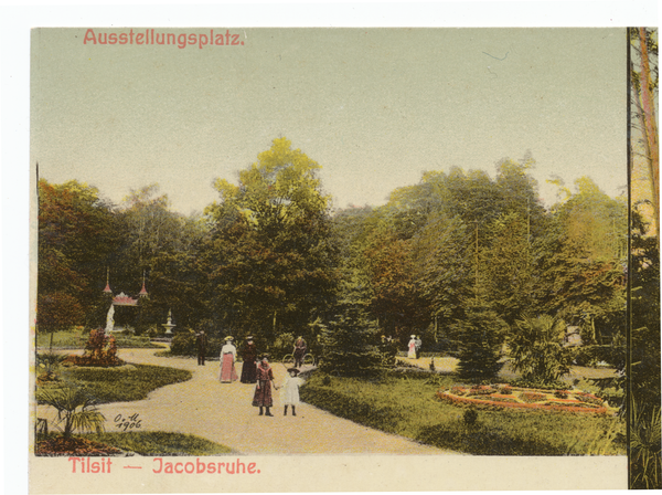 Tilsit, Park Jakobsruh, Ausstellungsplatz, Brunnen mit Mädchen und Skulptur