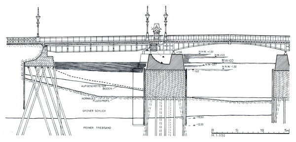 Königsberg (Pr.), Holzbrücke, Schnitt durch die bewegliche Klappbrücke