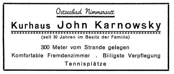 Nimmersatt, Werbeanzeige "Kurhaus John Karnowsky"
