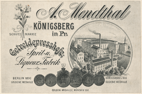 Königsberg (Pr.), Hinterroßgarten 72-73, A. Mendthal, Getreidepresshefe-, Sprit- und Liqueur-Fabrik.