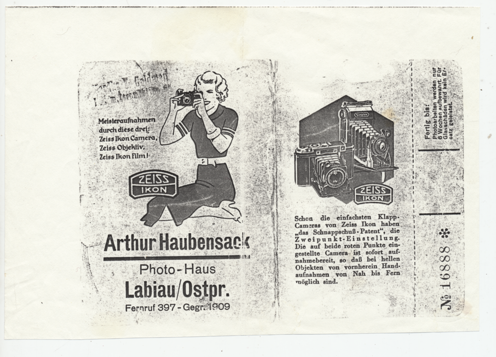 Labiau, Unterlagen zum photographischen Atelier Arthur Haubensack, Kopie Entwicklungskuvert