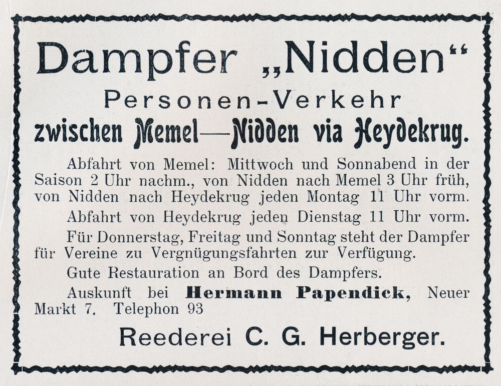 Memel, Fahrplan des Passagierdampfers "Nidden" zwischen Memel und Nidden via Heydekrug