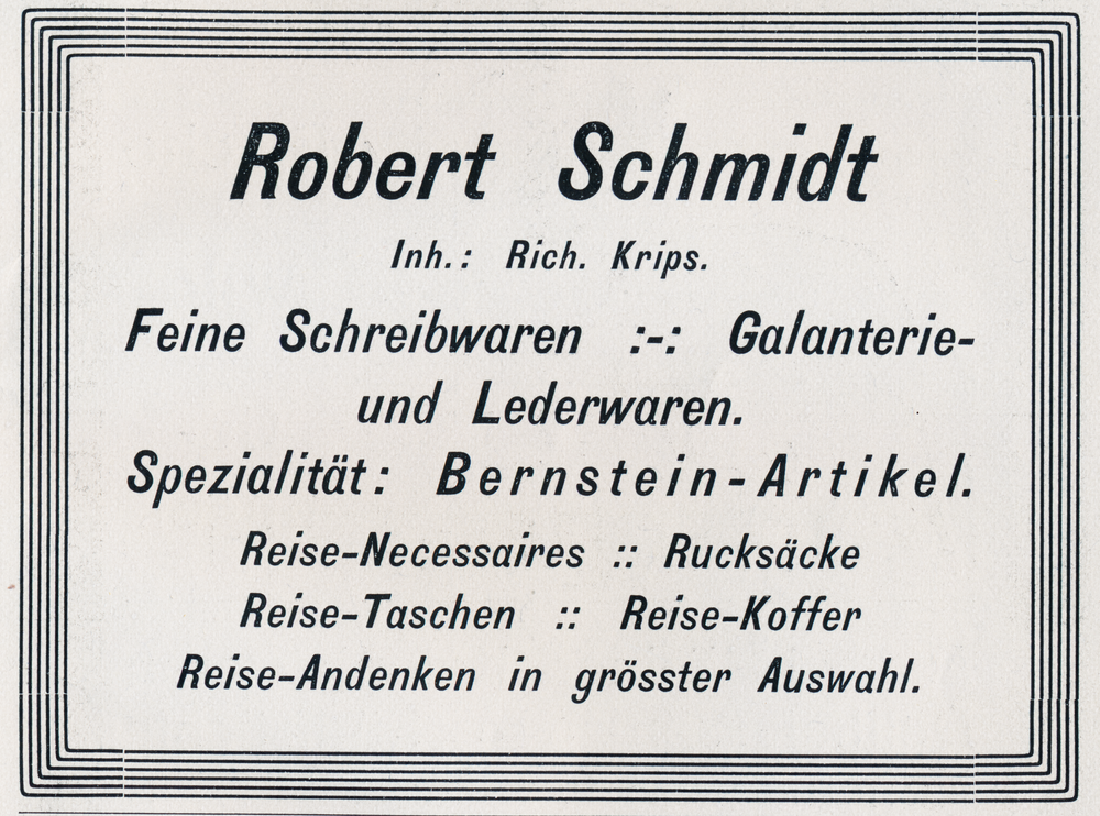 Memel, Anzeige der Buchhandlung Robert Schmidt, Inh. Rich. Krips, Börsenstraße 1-4 + Friedrich-Wilhelm-Straße 29
