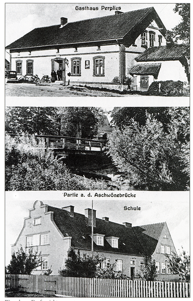 Wessolowen Kr. Gerdauen, Gasthaus Perplies, Partie an der Aschwönebrücke, Schule