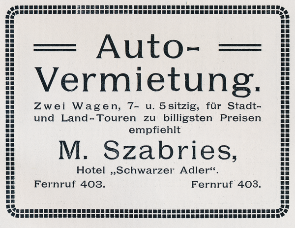 Memel, Anzeige der Autovermietung M. Szabries, Friedrichsmarkt 16-17