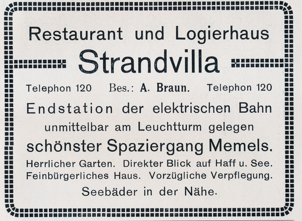 Memel, Anzeige des "Restaurant und Logierhauses Strandvilla"