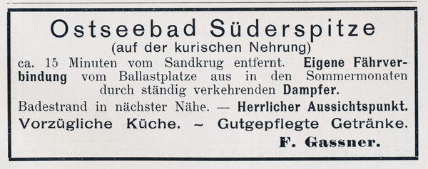 Süderspitze, Anzeige des Restaurants (?) F. Gassner