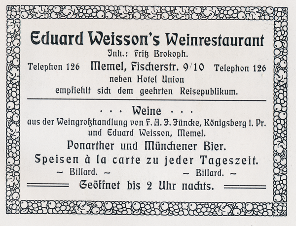 Memel, Anzeige der Weingrosshandlung Eduard Weisson