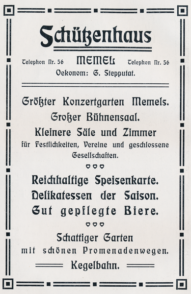 Memel, Anzeige des Konzertgartens "Schützenhaus"