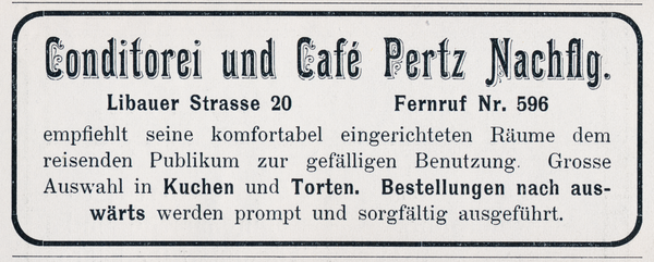 Memel, Anzeige von "Conditorei und Café Pertz Nachflg.", Libauer Straße 20