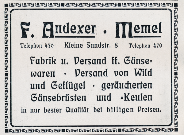 Memel, Anzeige der Firma F. Andexer, Kleine Sandstraße 8