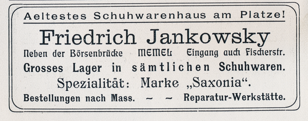 Memel, Anzeige des Schuhwarenhauses Friedrich Jankowsky, Friedrich-Wilhelm-Straße 23/24