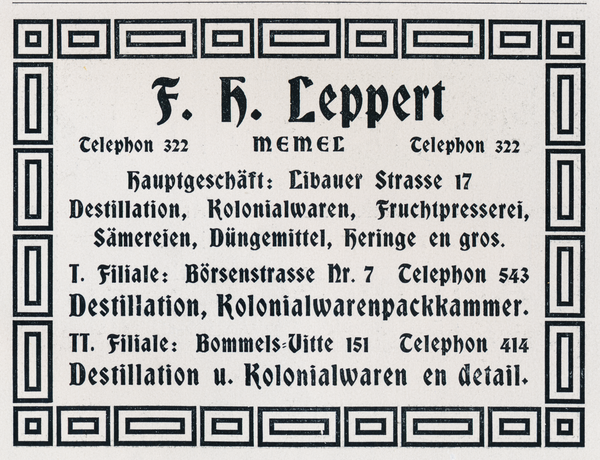 Memel, Anzeige des Geschäftes von F. H. Leppert, Libauer Straße 17