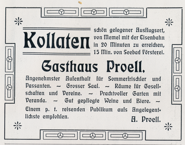 Kollaten, Anzeige des Gasthauses Pröll