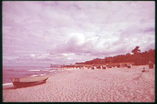 Rauschen Kr. Samland, Königsberg (Pr.), Strandpartie mit dem langen Seesteg und bewaldetem Steilufer