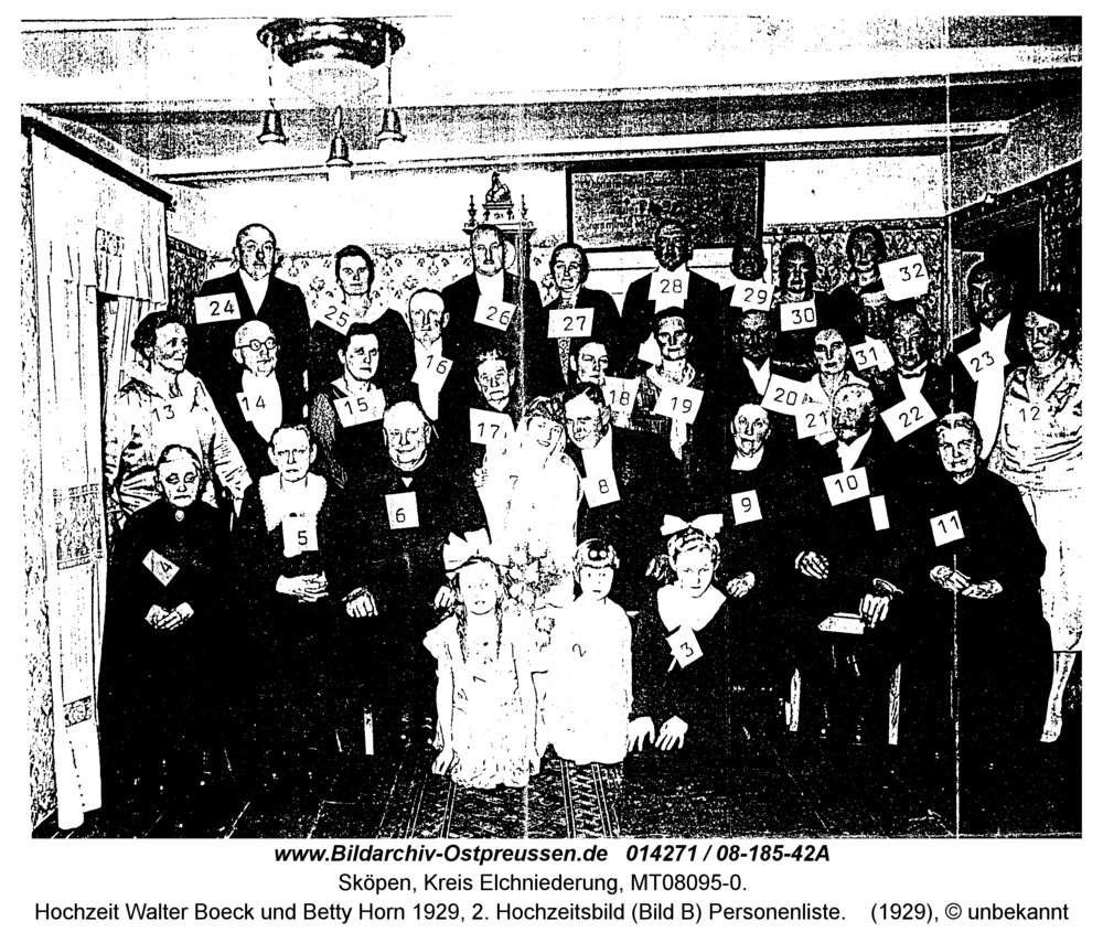 Sköpen 08-185-42A, Hochzeit Walter Boeck und Betty Horn 1929, 2. Hochzeitsbild (Bild B) Personenliste