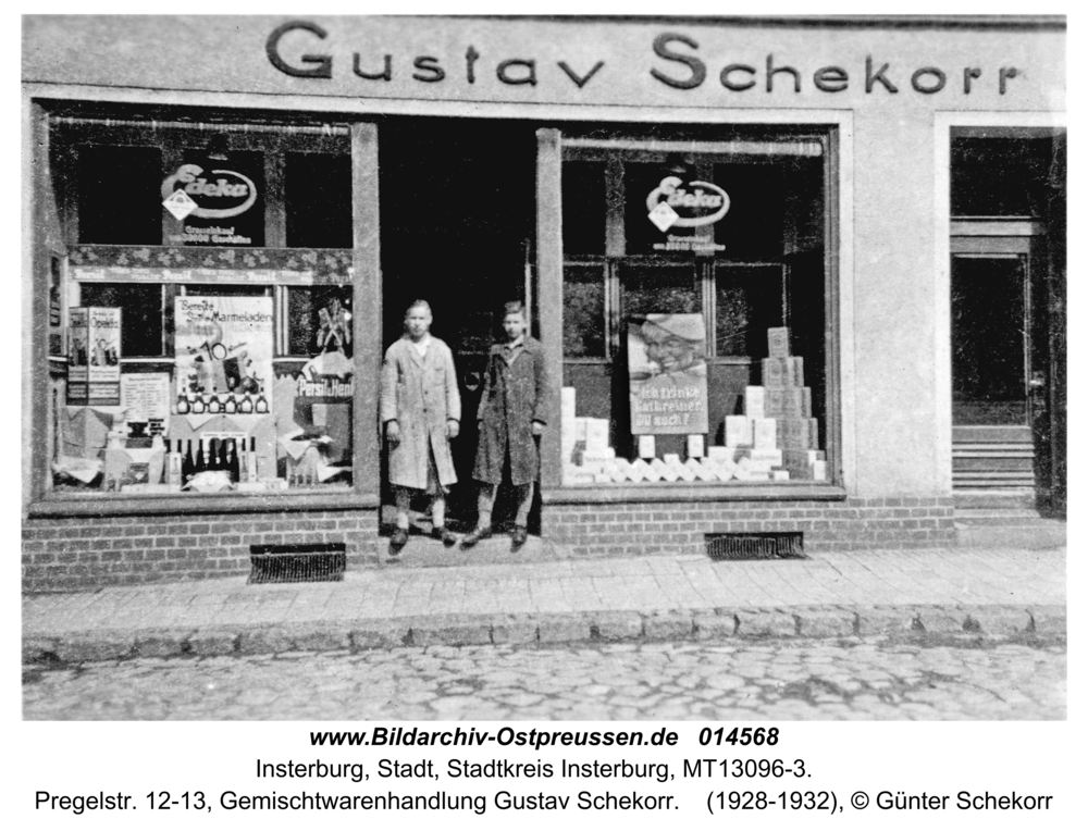 Insterburg, Pregelstr. 12-13, Gemischtwarenhandlung Gustav Schekorr