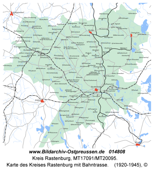 Karte des Kreises Rastenburg mit Bahntrasse