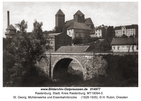 Rastenburg, St. Georg, Mühlenwerke und Eisenbahnbrücke