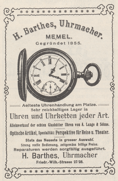 Memel, Werbeanzeige des Uhrmachers H. Barthes, Friedrich-Wilhelm-Straße 27/28