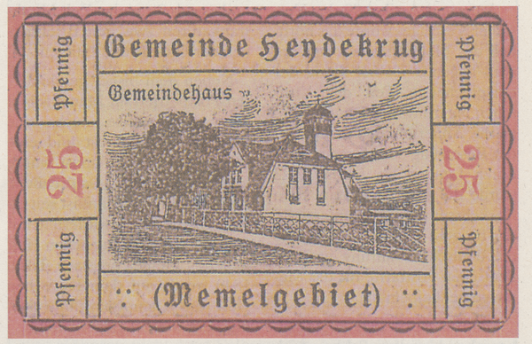 Heydekrug, Notgeldschein über 25 Pfennig mit Motiv Gemeindehaus