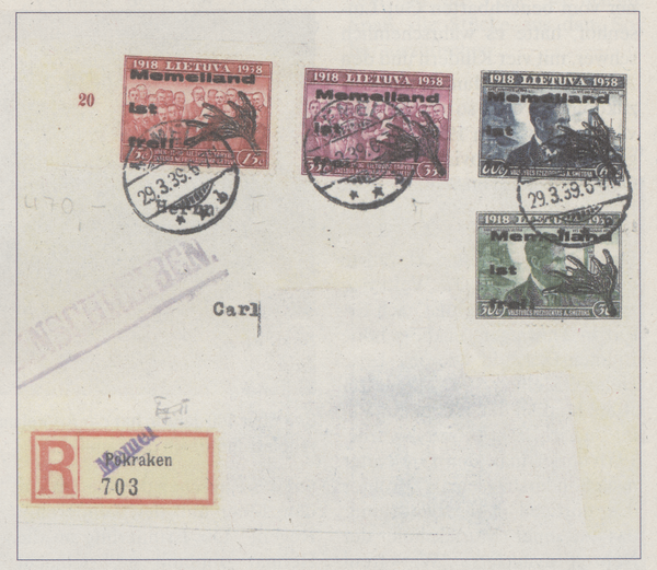 Memel, Litauische Briefmarken mit Aufdruck "Memelland ist frei"