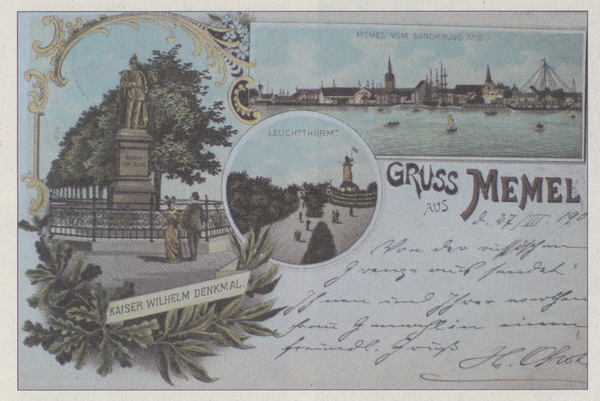 Memel, Kaiser-Wilhelm-Denkmal, Ortsansicht von Sandkrug aus, Leuchtturm
