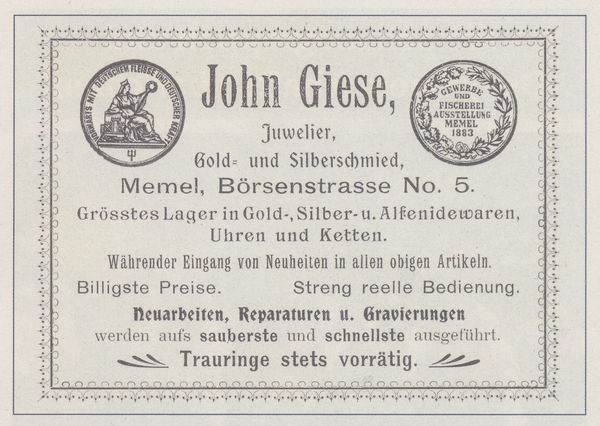Memel, Anzeige von Juwelier, Gold- und Silberschmied John Giese, Börsenstraße 5