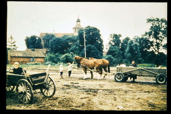 Bartenstein, Pferdegespann, im Hintergrund die Ev. Stadtkirche