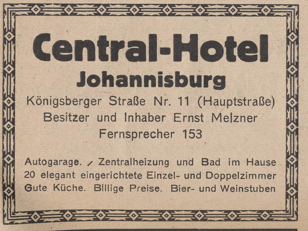 Johannisburg, Werbeanzeige des Central-Hotels, Königsberger Str. 11